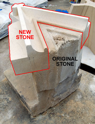 Indent repair to stone number 11 showing boundaries of old and new stone